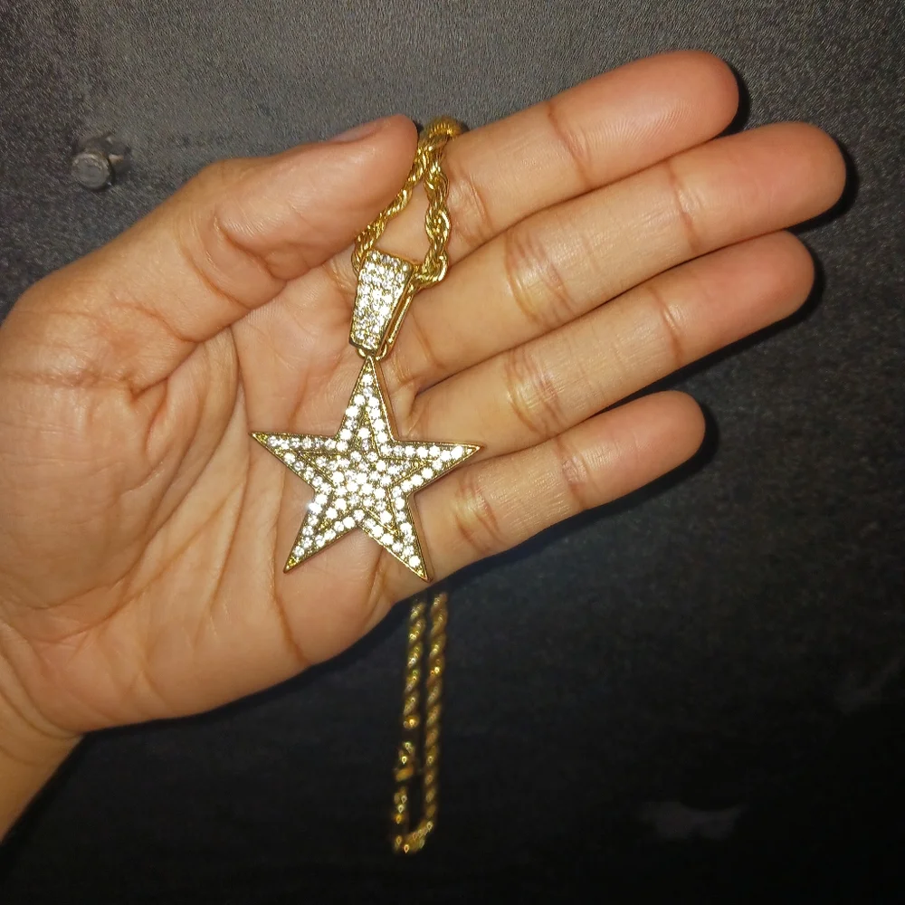 Men gold star rhinestone bling necklace - Picture 4 of 7